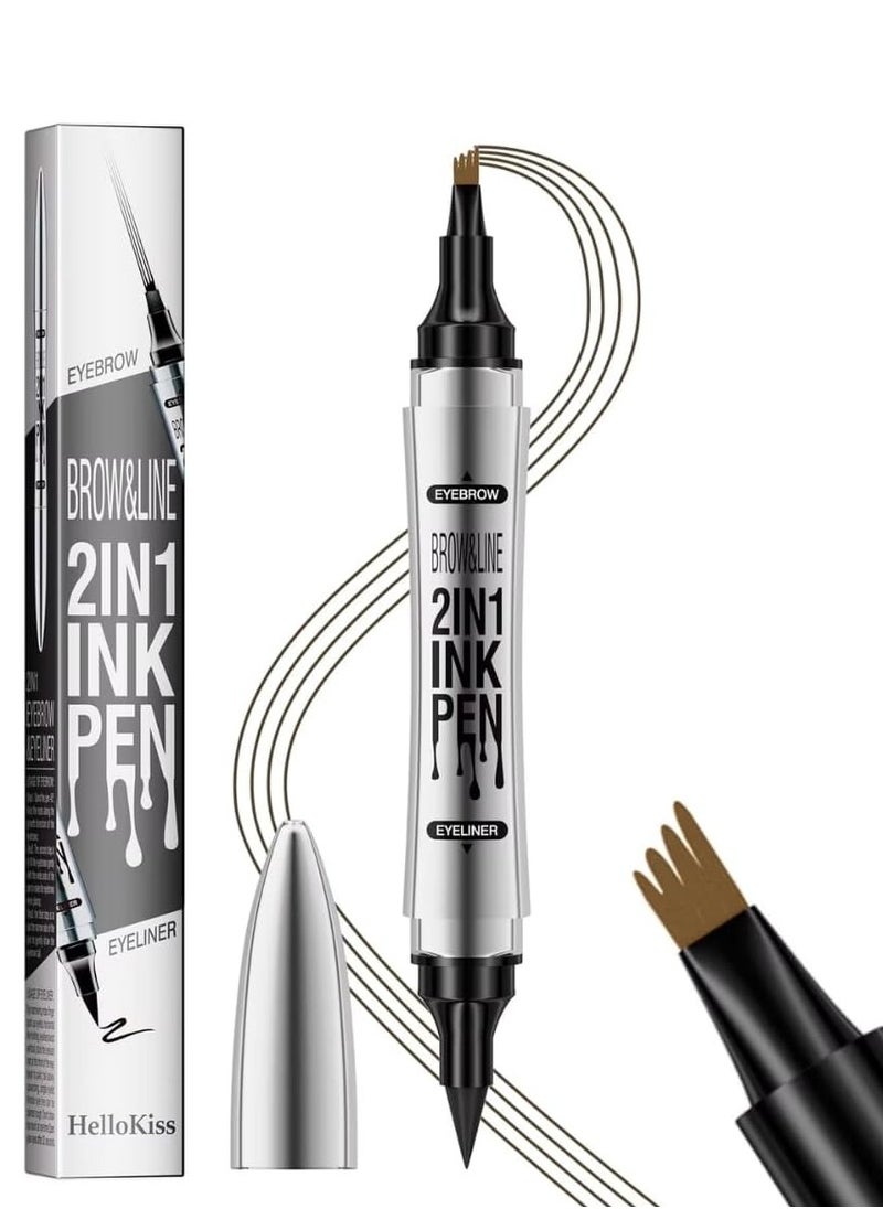 HelloKiss Brow and Line 2in1 Ink Pen for Eyebrow and Eyeliner Pen Waterproof Eyeliner Pencil 3D Microblading Eyebrow Tattoo Pencil 4 Fork Tip with Eyeliner Eyebrow and Black Eyeliner Pencil Dark Brown  02  - Image 1