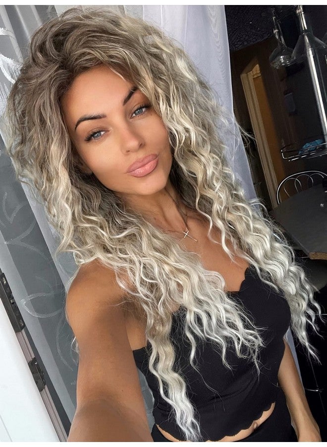 GNIMEGIL Halloween Gifts Ombre Ash Blonde Curly Wig Long Wavy Wigs For White Women Fluffy Synthetic Wig 80S Chrismas Carnival Party Wig Costume For Women Big Volume Brown Shades Blonde - Image 4