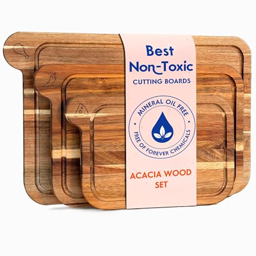 Non Toxic Cutting Boards  Cutting Board Set Free of Mineral Oil Made of FSC Acacia Wood  Cutting Boards for Kitchen  Includes 3 Chopping Boards By Ziruma