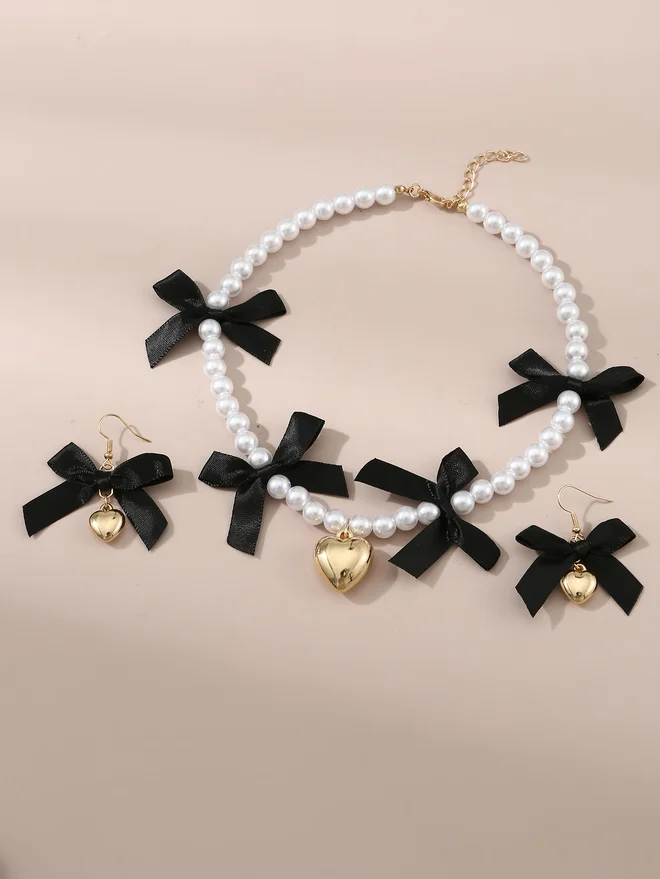 Take Two Take Two Set of 2 - Faux Pearl Embellished Pendant Necklace and Earrings