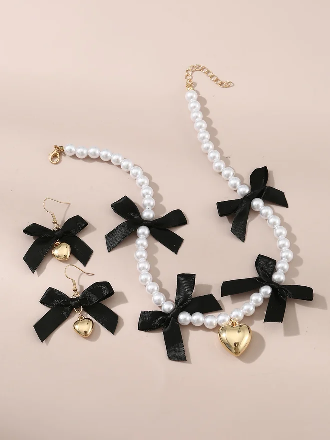 Take Two Take Two Set of 2 - Faux Pearl Embellished Pendant Necklace and Earrings
