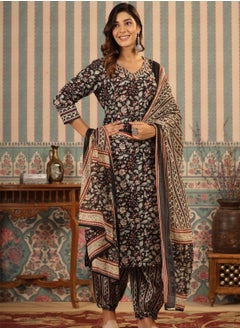 ISHIN Regular Fit Embellished Pattern Round Neck Neck Three-Quarter Sleeve Multicolour Colour Knitted Cotton Kurta Set for Women with Mid-Rise Closure - Crafted for Elegance and Ease  - Image 1