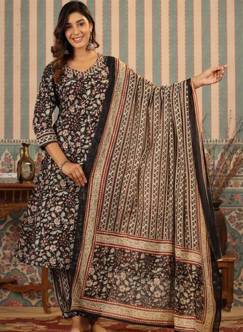 ISHIN Women's Multicolour 100% Cotton Embellished Regular Fit Kurta Set