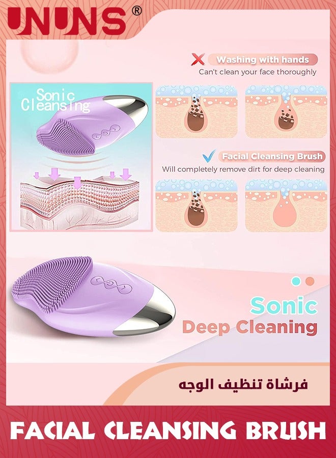 UNUNS فرشاة تنظيف كهربائية سونيك، منظف الوجه القوي مع 5 أوضاع للسرعة، مستورد أنيون 3 في 1 مقاوم للماء مع تدليك بتسخين 48 درجة مئوية، فرشاة وجه سيليكون قابلة لإعادة الشحن عبر USB، أرجواني - Image 4