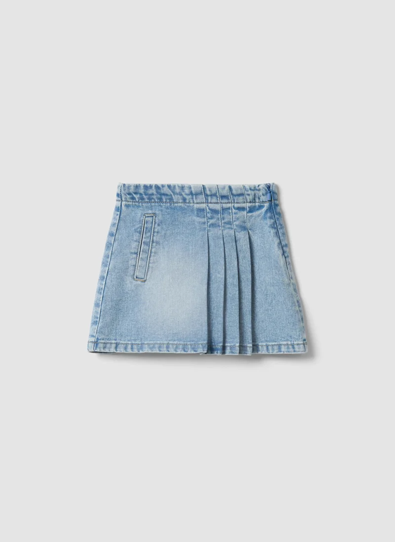 او في اس OVS Light Blue Pleated Denim Skirt In Pure Cotton For Girls