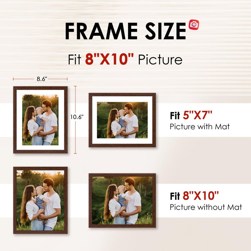FIXSMITH 8x10 Picture Frame Bulk-6 Pack, Photo Frame with HD Plexiglass, Display Pictures 5x7 with Mat or 8x10 Without Mat, Brown Picture Frames Collage Wall Decor, Wall & Tabletop Picture Frames - Image 2