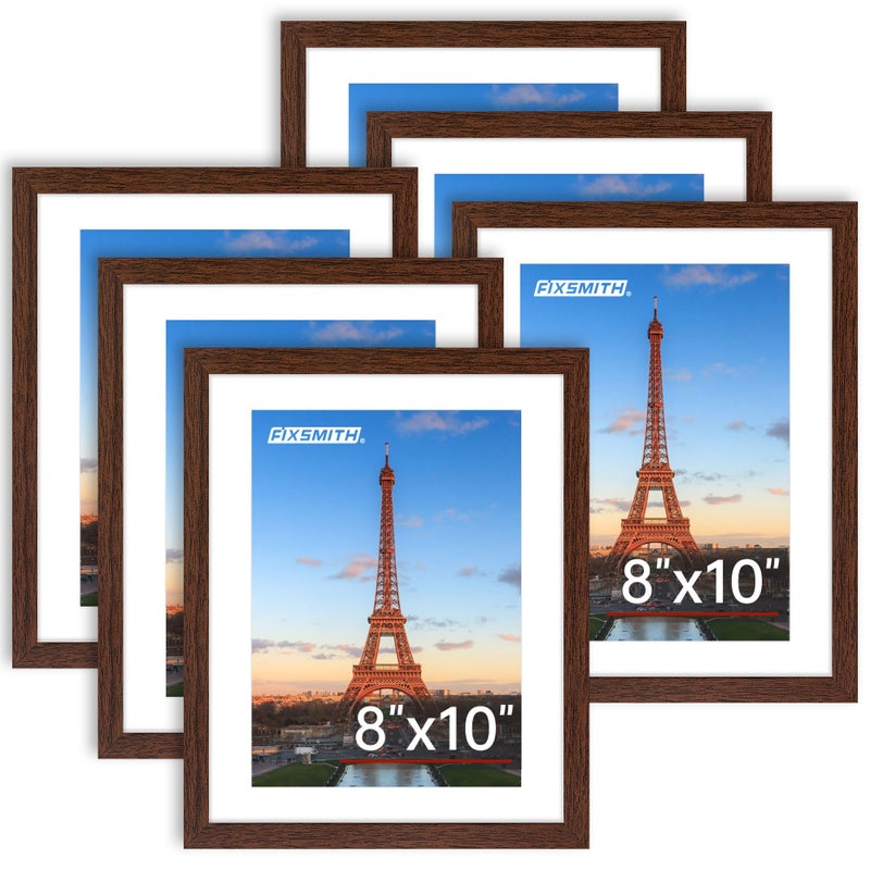 FIXSMITH 8x10 Picture Frame Bulk-6 Pack, Photo Frame with HD Plexiglass, Display Pictures 5x7 with Mat or 8x10 Without Mat, Brown Picture Frames Collage Wall Decor, Wall & Tabletop Picture Frames - Image 1