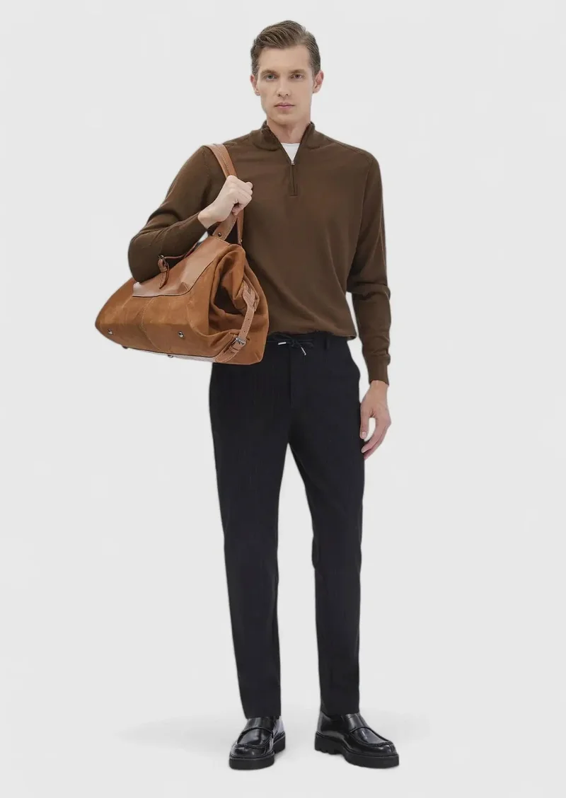 RAMSEY Navy Blue Weaving Jogging Fit Casual 100% Cotton Trousers