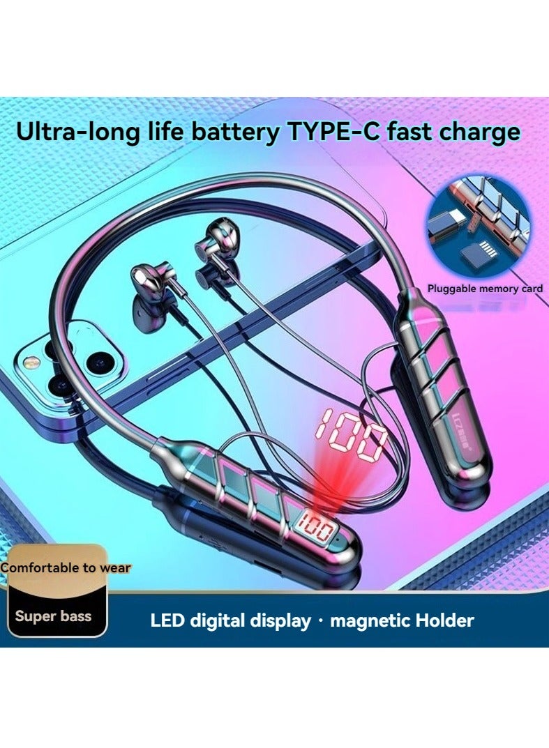 New hanging neck type wireless Bluetooth digital display earphones with long battery life and plug-in card in-ear sports earphones (black)  - Image 1