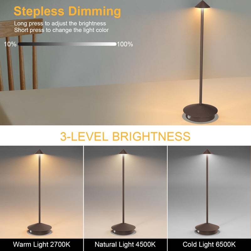 Aoceley 2-Pack 6000mAh Rechargeable Led Table Lamp Cordless,3000K-6000K Stepless Dimming Touch Lamps with Memory Function,IP54 Waterproof Aluminum Table Light for Outdoor/Bars/Restaurant/Patio(Rust) - Image 4
