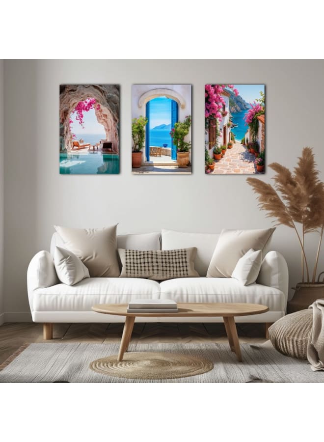 هوم جاليري مجموعة من 3 لوحات فنية جدارية مطبوعة على قماش لجزيرة سانتوريني في اليونان - Image 2