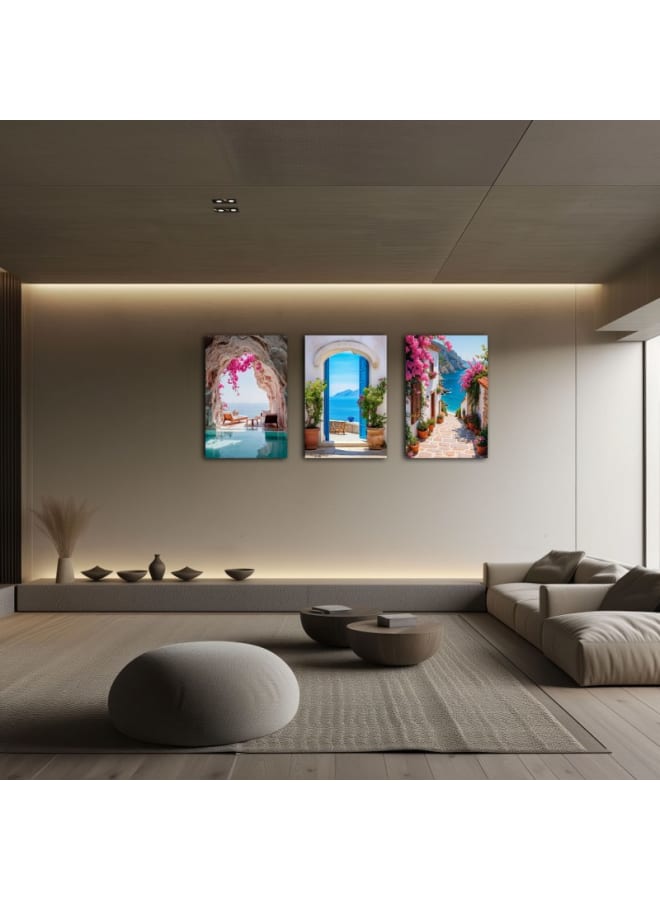 هوم جاليري مجموعة من 3 لوحات فنية جدارية مطبوعة على قماش لجزيرة سانتوريني في اليونان - Image 3