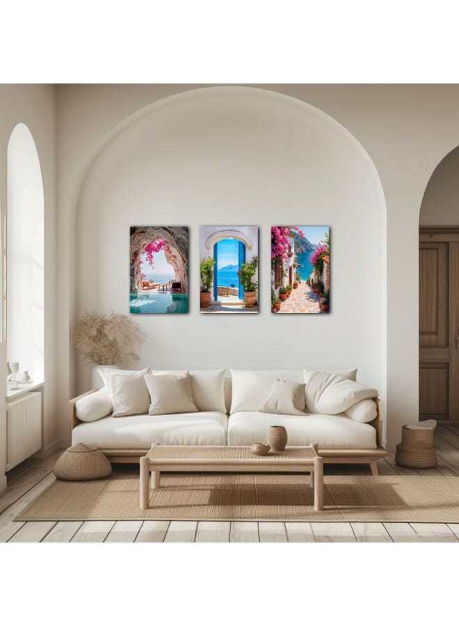 هوم جاليري مجموعة من 3 لوحات فنية جدارية مطبوعة على قماش لجزيرة سانتوريني في اليونان - Image 1