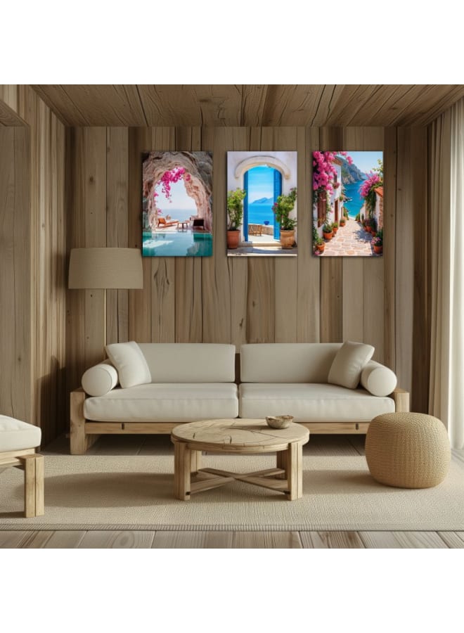 هوم جاليري مجموعة من 3 لوحات فنية جدارية مطبوعة على قماش لجزيرة سانتوريني في اليونان - Image 5