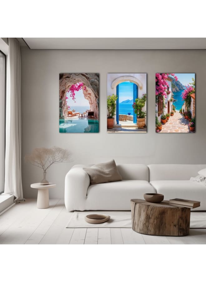 هوم جاليري مجموعة من 3 لوحات فنية جدارية مطبوعة على قماش لجزيرة سانتوريني في اليونان - Image 4