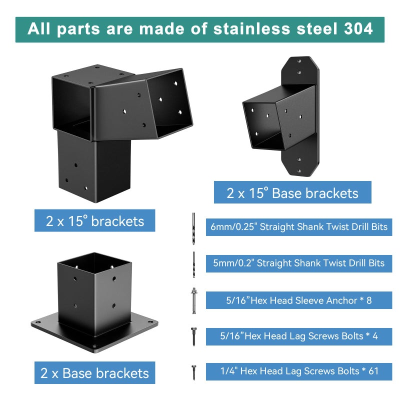 Antsky 2 Pack Stainless Steel 15Â° Slanted roof pergola Bracket, firewood Sheds roof kit (3-Way End Corner), black - Image 2