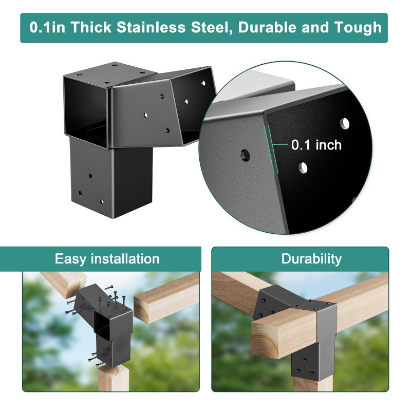 Antsky 2 Pack Stainless Steel 15Â° Slanted roof pergola Bracket, firewood Sheds roof kit (3-Way End Corner), black - Image 5