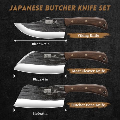 HOSHANHO Butcher Knife Set, 3-Piece High Carbon Steel Serbian Chef Knife Set of Heavy Duty Boning Knife & Meat Cleaver Knives & Viking Knives for Home, Cooking, Outdoor Camping BBQ - Image 2