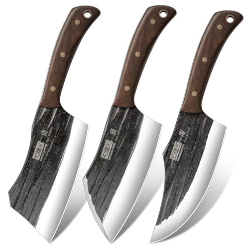 HOSHANHO Butcher Knife Set, 3-Piece High Carbon Steel Serbian Chef Knife Set of Heavy Duty Boning Knife & Meat Cleaver Knives & Viking Knives for Home, Cooking, Outdoor Camping BBQ - Image 1