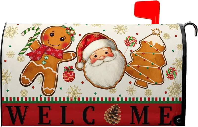 Farg Winter Christmas Magnetic Mailbox Cover Standard Size 21"x18" Xmas Gingerbread Man Mailbox Covers Red Welcome Santa Claus Post Letter Box Wraps for Garden Outdoor Yard Decor - Image 1