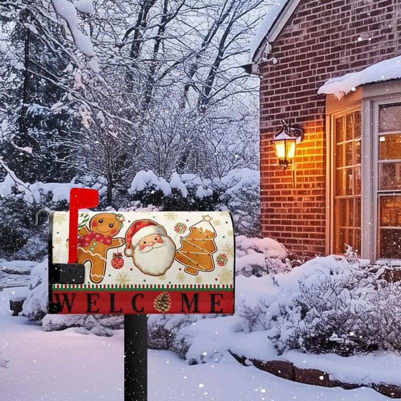 Farg Winter Christmas Magnetic Mailbox Cover Standard Size 21"x18" Xmas Gingerbread Man Mailbox Covers Red Welcome Santa Claus Post Letter Box Wraps for Garden Outdoor Yard Decor - Image 4