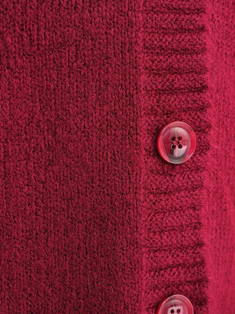 MixRay Burgundy Red Mixray Buttoned V-Neck Ribbed Knit Cardigan for Women | Best Price UAE