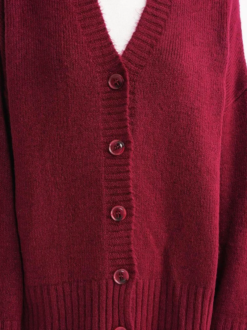 MixRay Burgundy Red Mixray Buttoned V-Neck Ribbed Knit Cardigan for Women | Best Price UAE