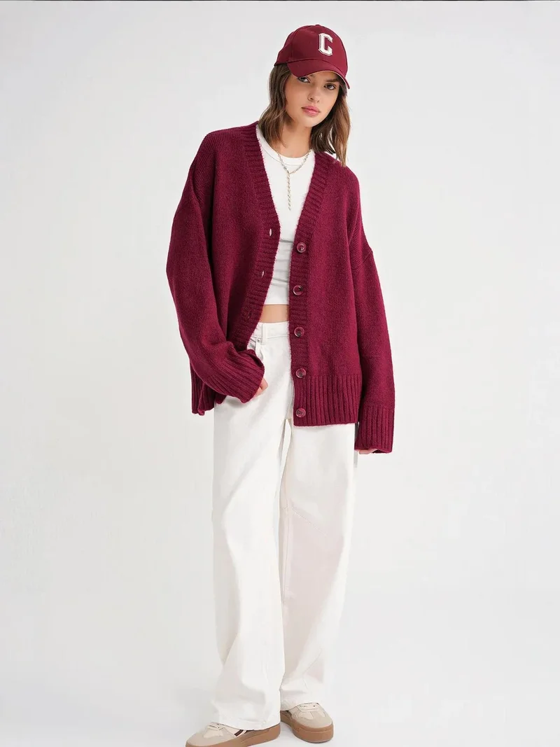 MixRay Burgundy Red Mixray Buttoned V-Neck Ribbed Knit Cardigan for Women | Best Price UAE