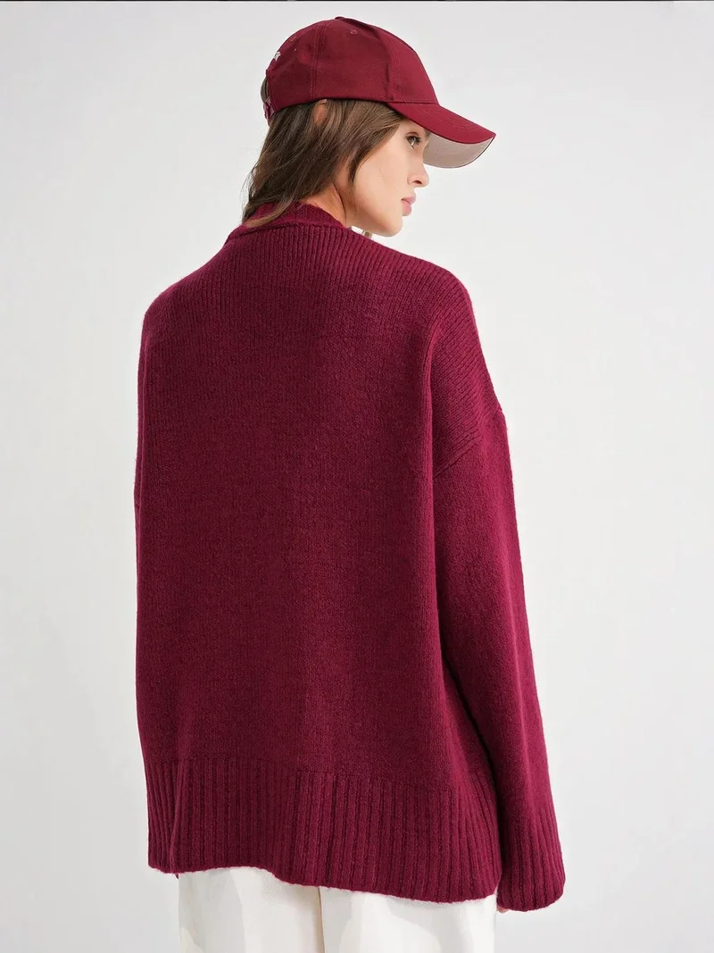 MixRay Burgundy Red Mixray Buttoned V-Neck Ribbed Knit Cardigan for Women | Best Price UAE