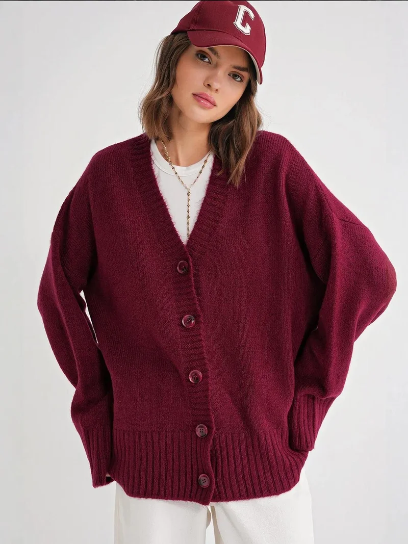 MixRay Burgundy Red Mixray Buttoned V-Neck Ribbed Knit Cardigan for Women | Best Price UAE