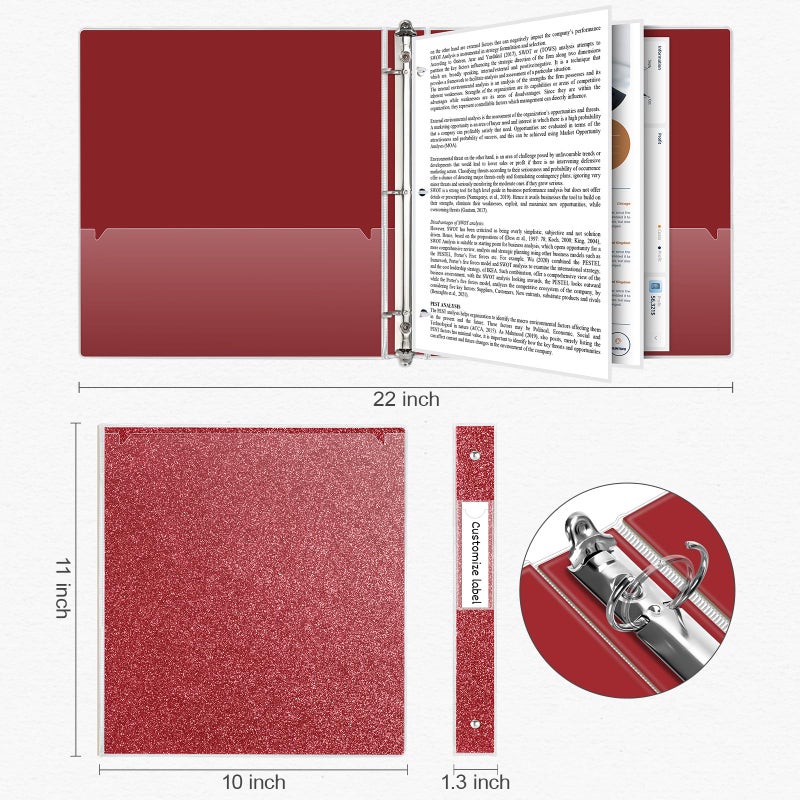 EYROZILL 1 Inch Binders 3 Ring Glitter Binders Fashion View Binder for School Supply, Waterproof, 2 Pockets, Christmas Red - Image 4