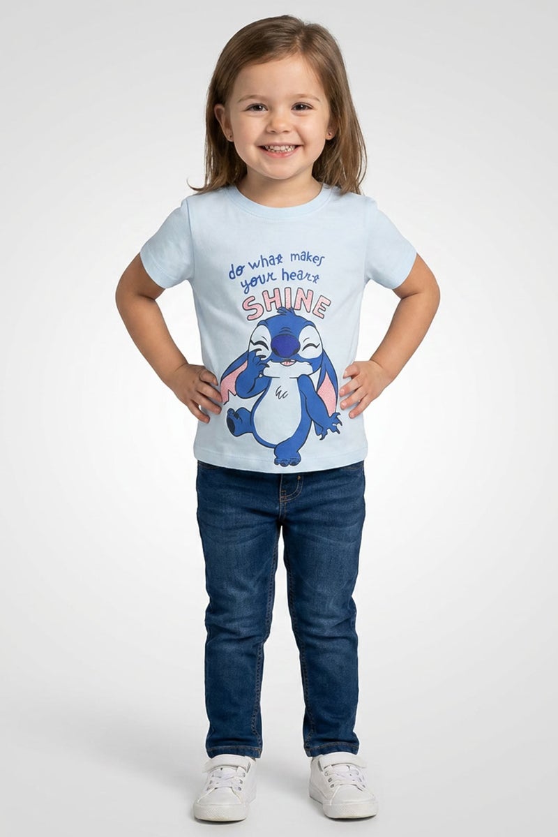 Disney x Stitch Toddlers Girl Crew Neck Short Sleeve Graphic Print T-Shirt, Blue - Image 1