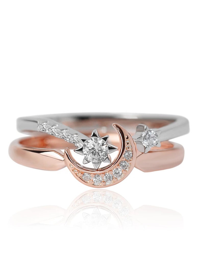 SYOSI Womens Rings Sterling Silver Moon and Star Ring Set Handmade Stackable Rings Rose Gold Plated Adjustable Size 5-8 Stylish Adjustable Open Rings for Girl Women Wife Rose Gold - Image 1
