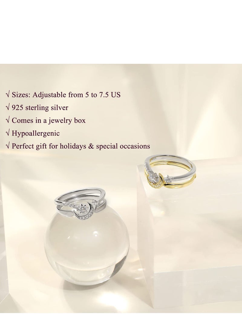 SYOSI Womens Rings Sterling Silver Moon and Star Ring Set Handmade Stackable Rings Rose Gold Plated Adjustable Size 5-8 Stylish Adjustable Open Rings for Girl Women Wife Rose Gold - Image 4