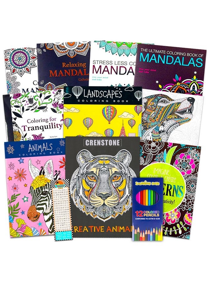 Crenstone 10 Pack Adult Coloring Book Super Set - Bundle with 10 Adult Coloring Books for Women, Men Featuring Mandalas and More Plus Colored Pencils and Bookmark | Advanced Coloring Books Bulk - Image 1
