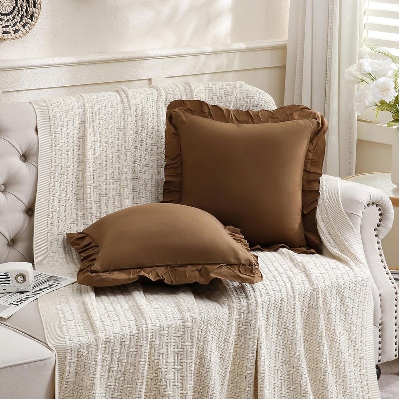 Merryword Brown Pillowcases 18x18 Cute Throw Pillow Covers Pack of 2 Ruffle Pillowcase Cushion for Couch Sofa Bedroom - Image 2