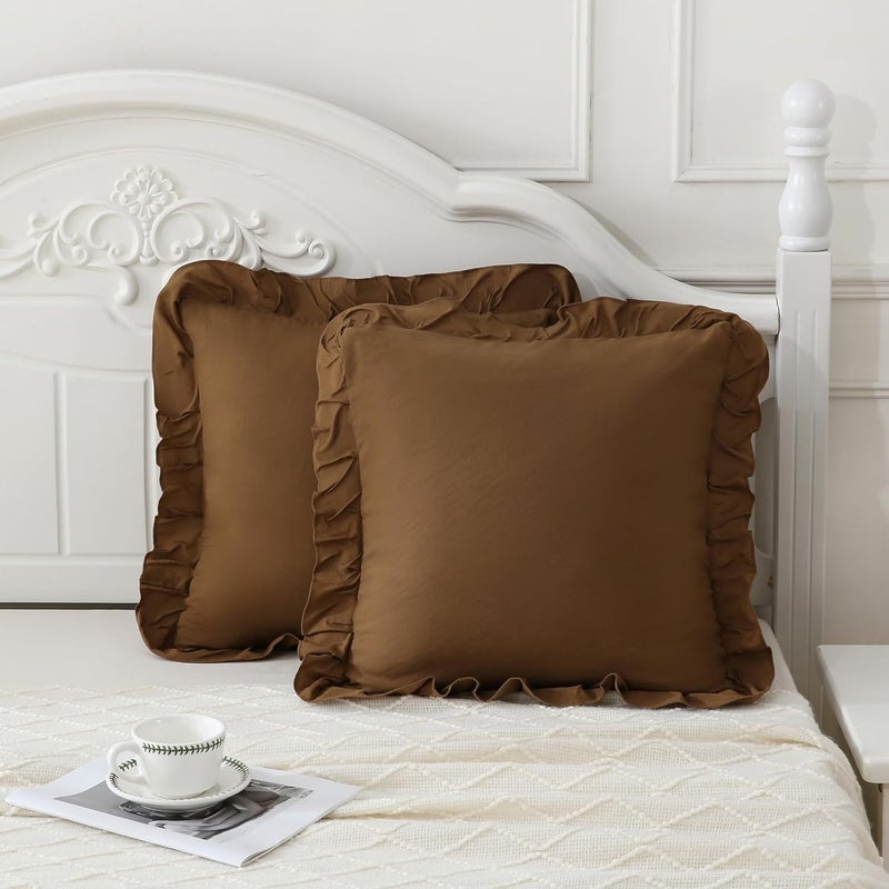 Merryword Brown Pillowcases 18x18 Cute Throw Pillow Covers Pack of 2 Ruffle Pillowcase Cushion for Couch Sofa Bedroom - Image 1