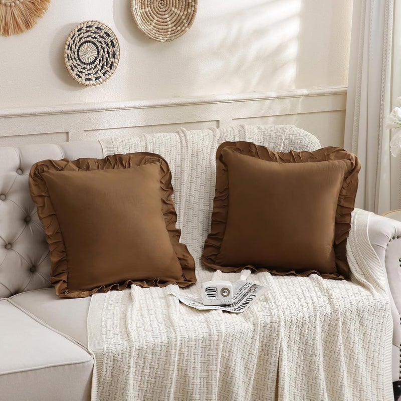 Merryword Brown Pillowcases 18x18 Cute Throw Pillow Covers Pack of 2 Ruffle Pillowcase Cushion for Couch Sofa Bedroom - Image 3