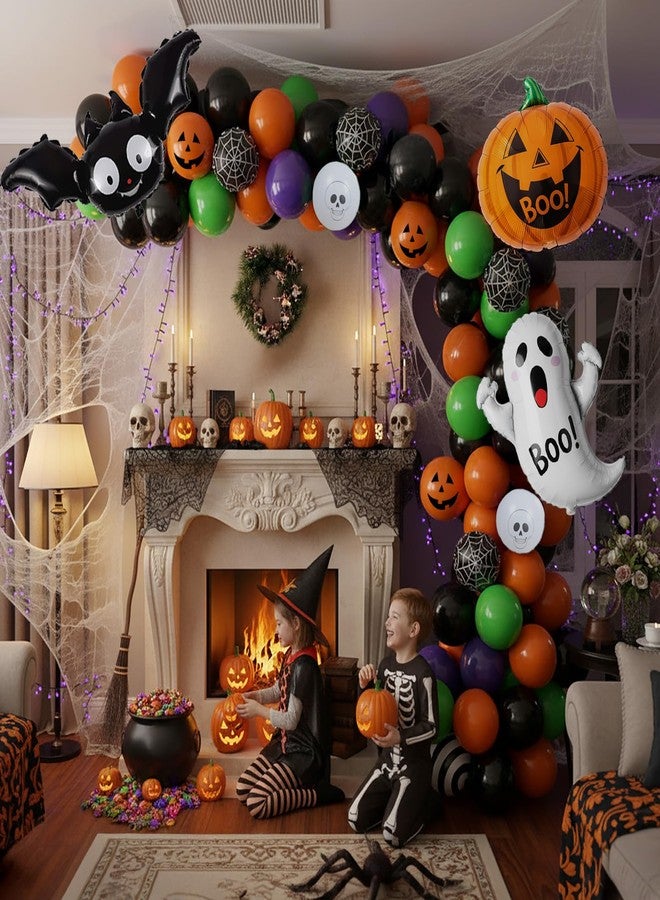 kozee Halloween Decorations with Orange Black Green Purple Balloon Garland Arch & Spider web Bat Ghost Pumpkin Stripes foil Balloons for Horror Night one spooky Trunk or Treat Car Party Boo day Supplies - Image 4