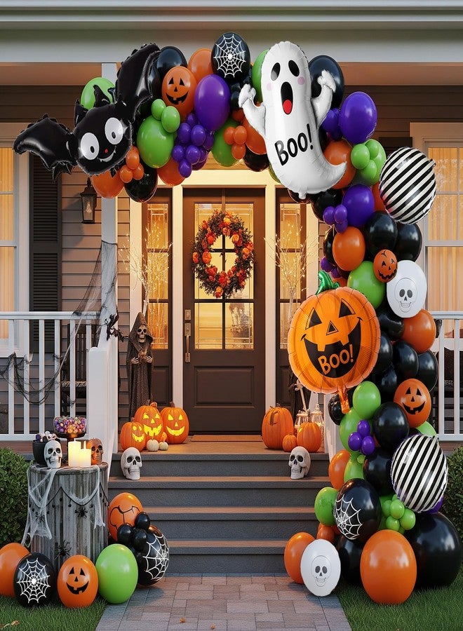 kozee Halloween Decorations with Orange Black Green Purple Balloon Garland Arch & Spider web Bat Ghost Pumpkin Stripes foil Balloons for Horror Night one spooky Trunk or Treat Car Party Boo day Supplies - Image 1