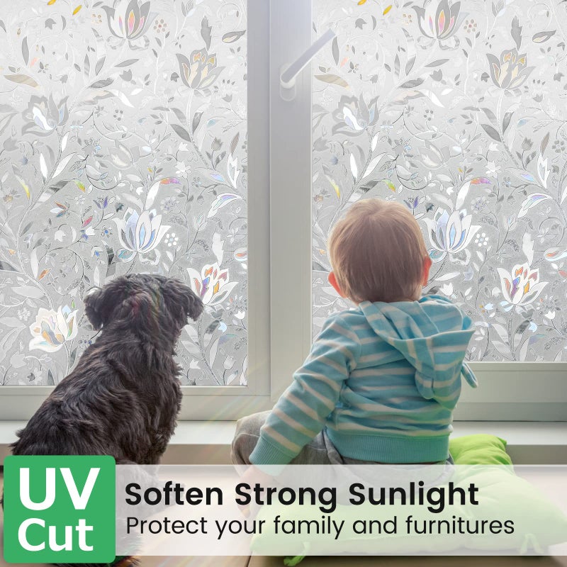 رابيتجو Rabbitgoo Window Privacy Film Devinative Glass Glass Window Film Sun Flocking Window Clings Clings مستأجر ملصق ثابت ملصق نافذة متجمد يغطى لـ Home Rainbow Tulip 11.8 "" × 78.7 "" - Image 2