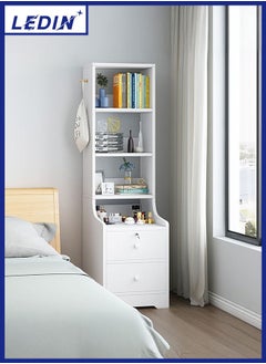 Tall bedside table shelf, simple and luxurious Nordic style ins minimalist storage small side table nightstands storage cabinet with two drawers. 4 storage compartments (White)