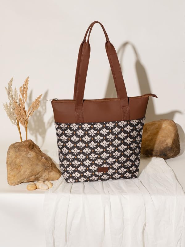 ZOUK Bidri Kaiser Floral Printed Women's Jute Handcrafted Vegan Leather Blue Everyday Tote - Image 3