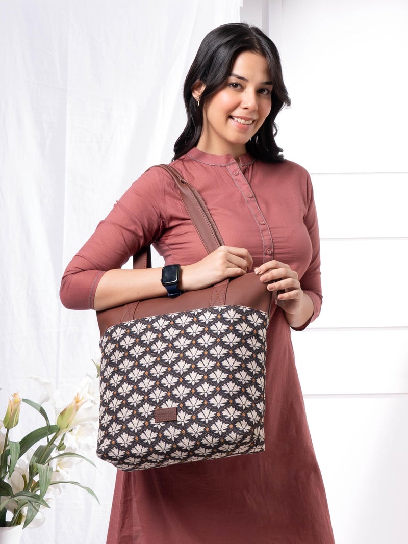 ZOUK Bidri Kaiser Floral Printed Women's Jute Handcrafted Vegan Leather Blue Everyday Tote - Image 2