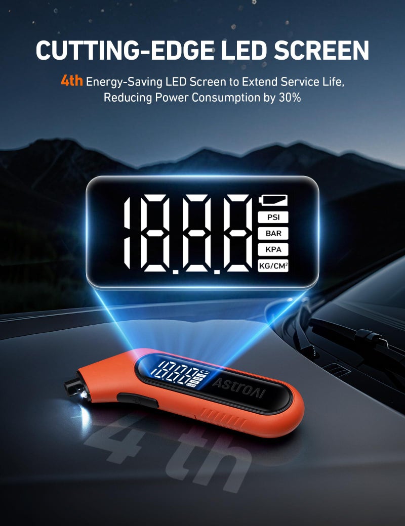 AstroAI مقياس ضغط الإطارات الرقمي AstroAI 3-300PSI بشاشة كبيرة مع إضاءة خلفية ومصباح يدوي، دقة عالية ANSI 2A، متوافق مع صمامات شرايدر، 4 وحدات، يتضمن محول صمام بريستا، بطاريات AAA - Image 4