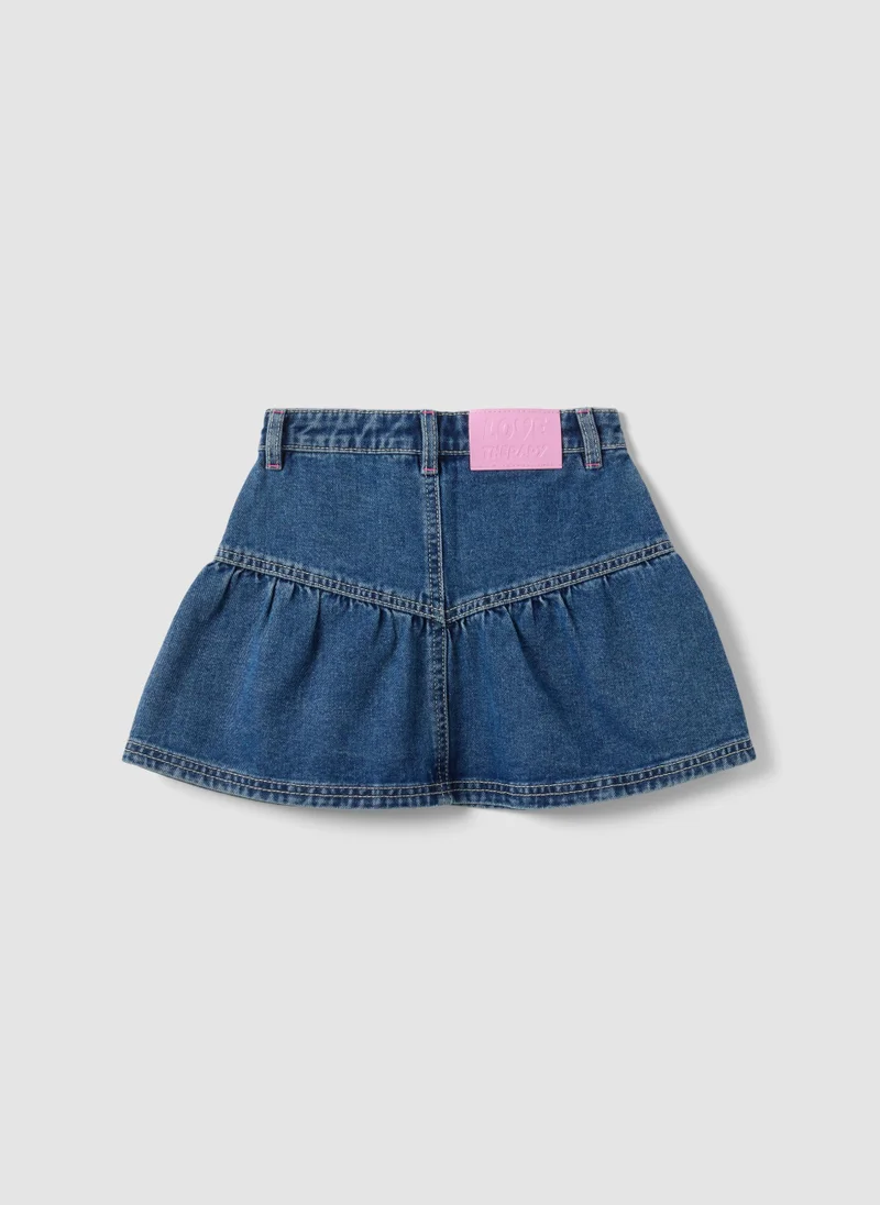 Ovs OVS Blue Pure Cotton Denim Skirt With Floral Embroidery For Girls