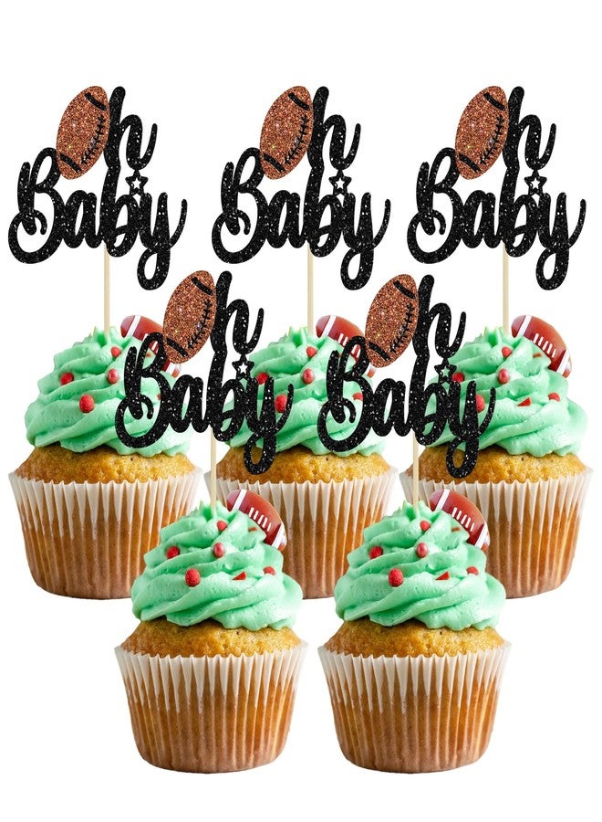 Ephlyn 24Pcs Rugby Ball Oh Baby Cupcake Toppers Glitter American Football Babyshower Cupcake Picks for Rugby Sports Theme Baby Shower Kids Birthday Party Cake Decorations - Image 1