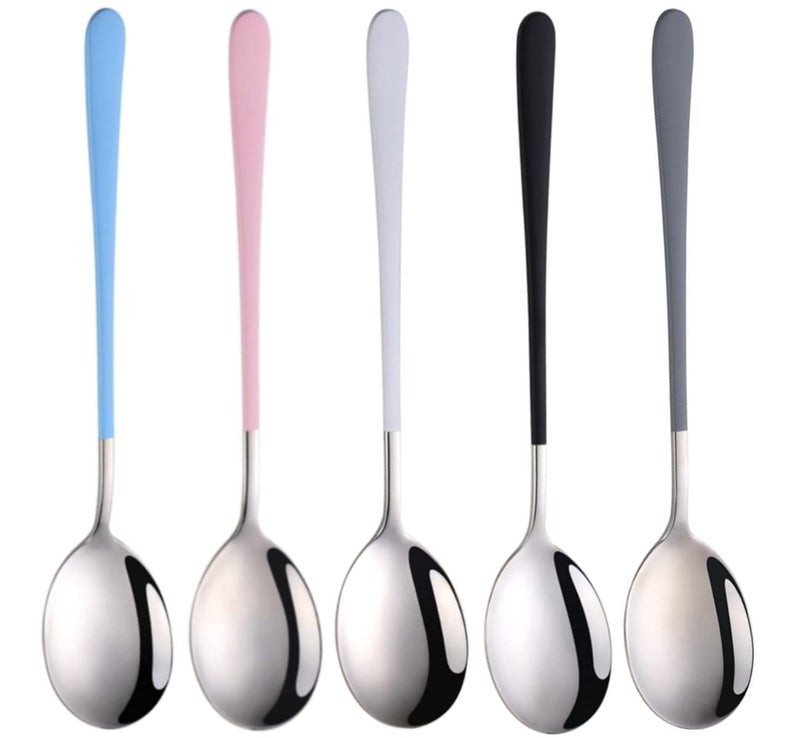 pepplo® 8 Inch Soup Spoons Stainless Steel, Round Head Soup Spoons, Modern Thick Long Handle SUS304 Korean Spoon, Dinner Metal Spoons for Soup, Grain,Dessert,Milk,Tea,Coffee, Set of 5(Silver) - Image 1