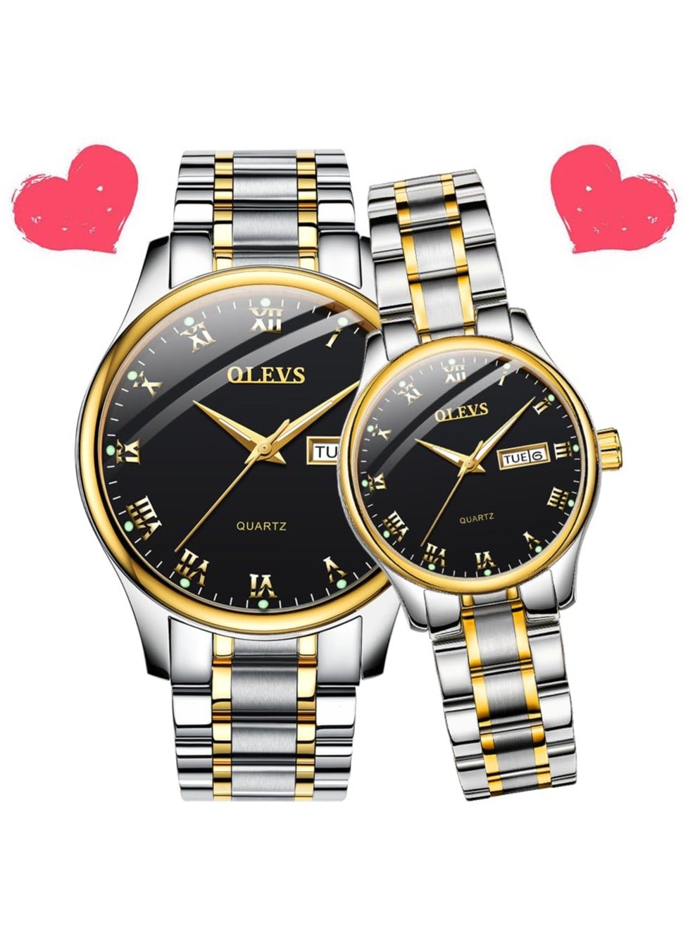 OLEVS His and Her Couple Watches Business Men Women Couple Set Pair Watch Matching Romantic Quartz Stainless Steel Waterproof Date