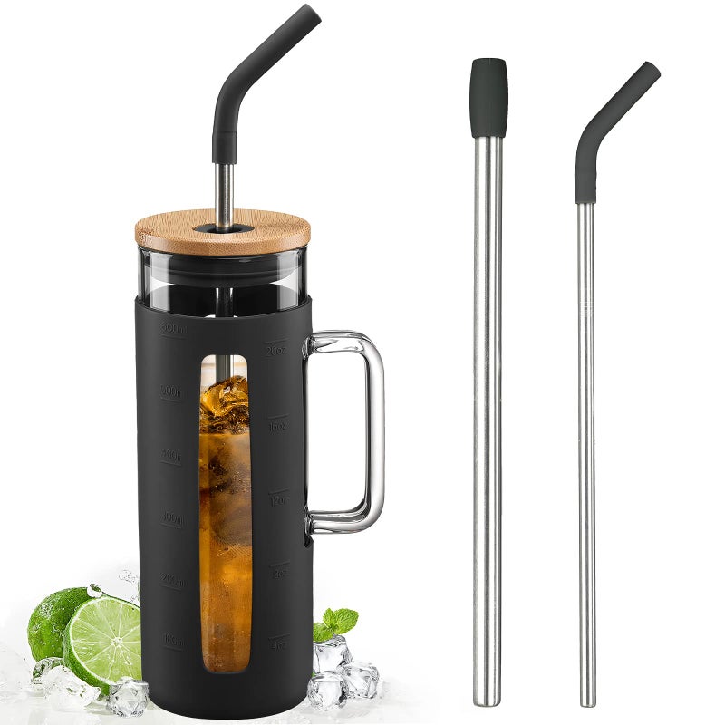 Kodrine Kodrine Tumbler with Lid and Straw 20 oz Glass Coffee Tumbler with Handle Smoothie Cup with Bamboo Lid  Time Marker  Silicone Protective Sleeve BPA Free  Black 